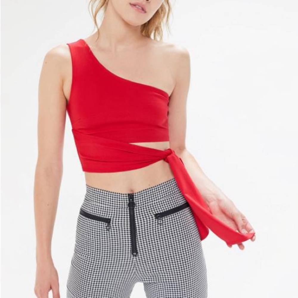 Red one shoulder tie crop top